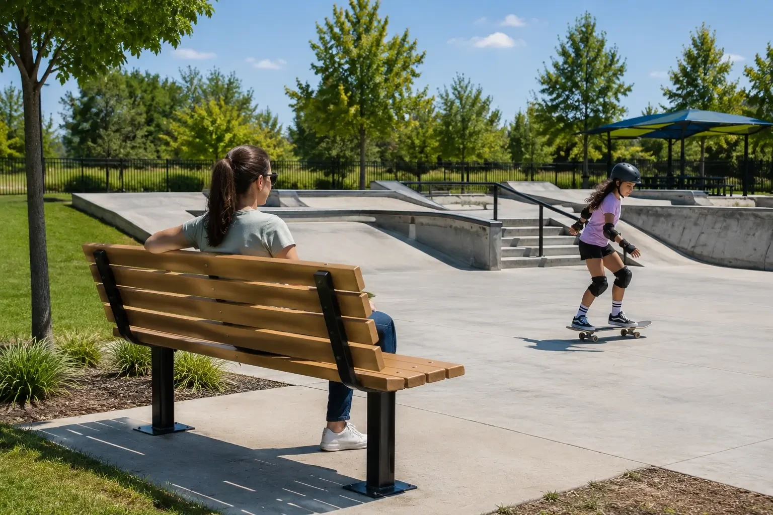 Parent seated on a park bench watching a young skateboarder practice at a modern community skate park.